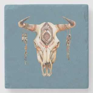 Dessous-de-verre En Pierre Crâne turquoise Bleu natif de la tribu Taureau