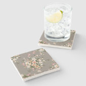 Dessous-de-verre En Pierre Crème, fleurs roses sur gris. (Côté)