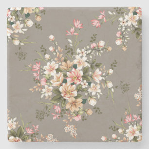 Dessous-de-verre En Pierre Crème, fleurs roses sur gris.