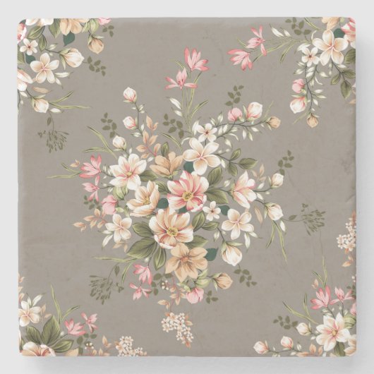 Dessous-de-verre En Pierre Crème, fleurs roses sur gris. (Devant)