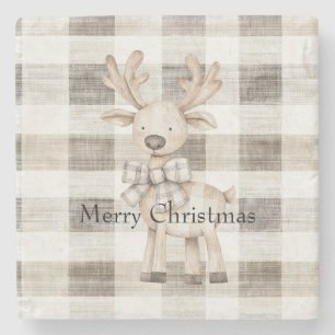 Dessous-de-verre En Pierre Crème Tan biologique Plaid Stripes Christmas Reind