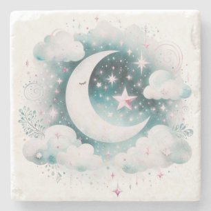 Dessous-de-verre En Pierre Croissant de Lune Bleu et Blanc Bohème Moderne Cél