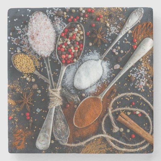 Dessous-de-verre En Pierre Cuillères et épices en argent (Devant)