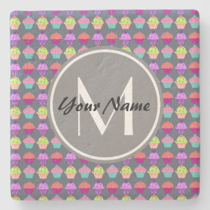 Dessous-de-verre En Pierre Cupcakes Gris, Nom Personnalisé Monogramme