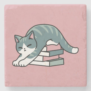 Dessous-de-verre En Pierre Curieux avec un livre et un chat - Lecture confort