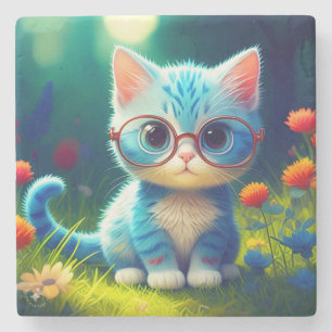 Dessous-de-verre En Pierre Cute Blue Kitten Portant des lunettes-276548