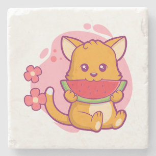 Dessous-de-verre En Pierre Cute Chat Manger Watermelon Kawaii