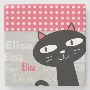 Dessous-de-verre En Pierre Cute Chat Noir Pois Rose Ajouter Votre Nom