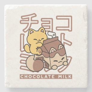 Dessous-de-verre En Pierre Cute Chat Riding Chocolat Lait Carton Kawaii Art