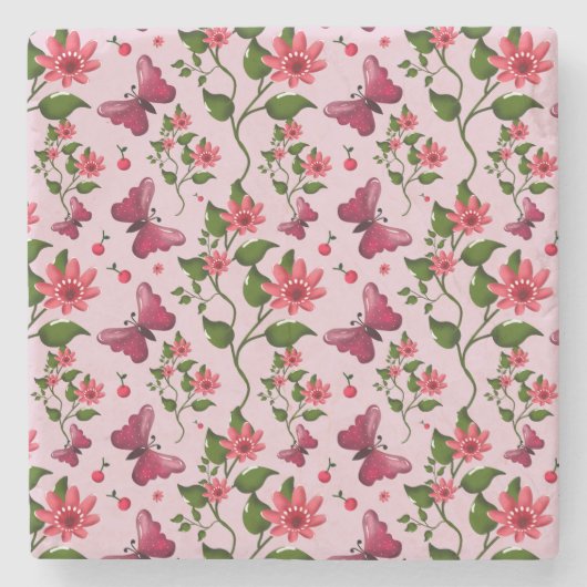 Dessous-de-verre En Pierre Cute Cherry Butterfly Pattern, Glossy Kawaii Fruit (Devant)