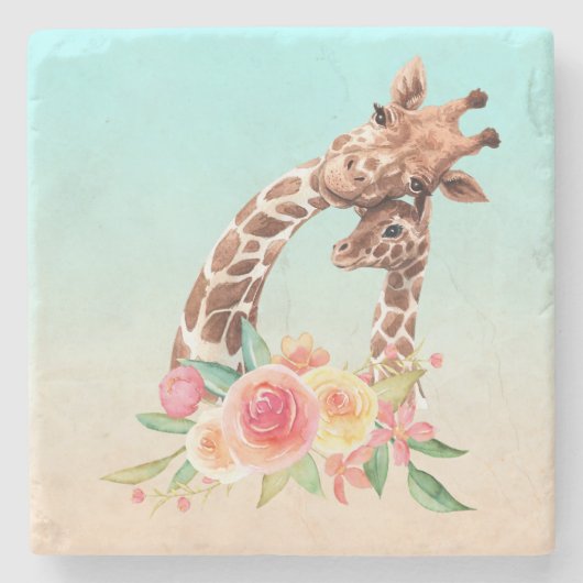 Dessous-de-verre En Pierre Cute Giraffe Aquarelle Maman & Bébé (Devant)