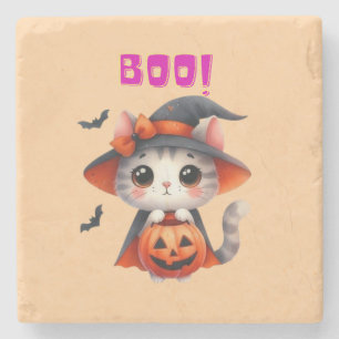 Dessous-de-verre En Pierre Cute Halloween Chat avec Citrouille et sorcière Ca