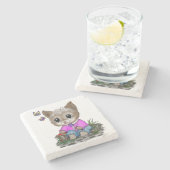 Dessous-de-verre En Pierre Cute Kitty Chat et Papillon (Côté)