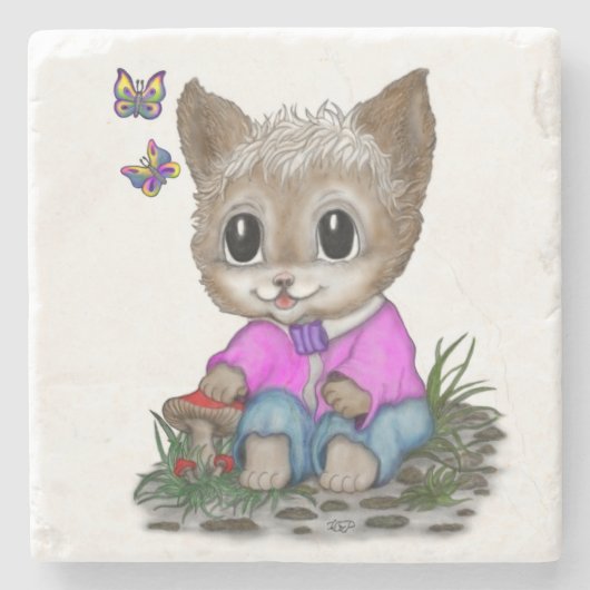 Dessous-de-verre En Pierre Cute Kitty Chat et Papillon (Devant)