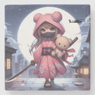Dessous-de-verre En Pierre Cute ninja guerrière fille & teddy