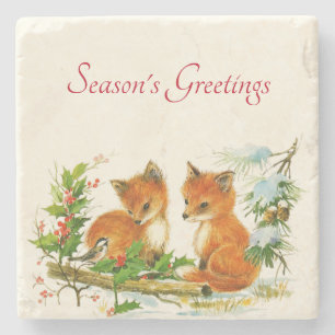Dessous-de-verre En Pierre Cute Vintage Foxes Retro Christmas Scene
