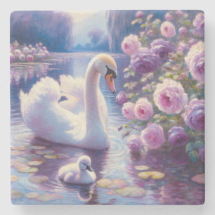 Dessous-de-verre En Pierre Cygnet blanc avec Roses violets