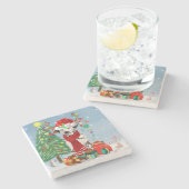 Dessous-de-verre En Pierre Dachshund Chien en neige avec cadeaux de Noël (Côté)