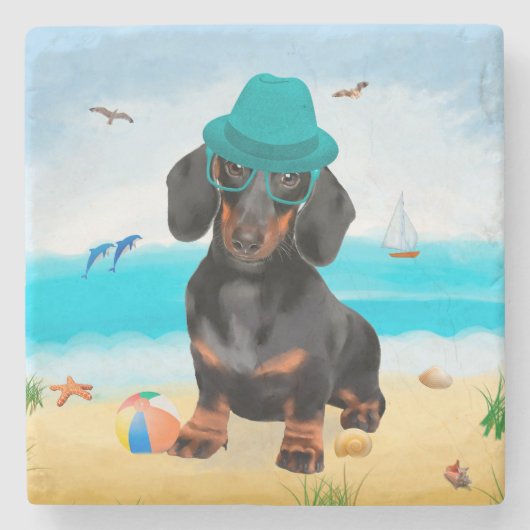Dessous-de-verre En Pierre Dachshund Dog sur la plage (Devant)