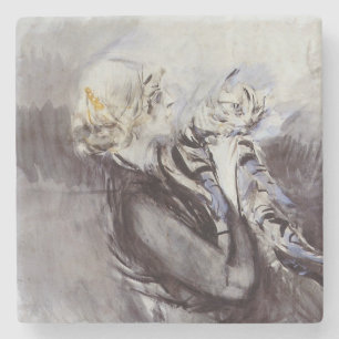 Dessous-de-verre En Pierre Dame avec un chat gris (par Giovanni Boldini)