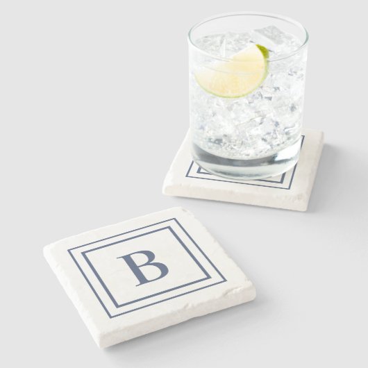 Dessous-de-verre En Pierre Deep Navy And White Square Border Monogram (Côté)