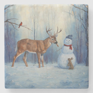 Dessous-de-verre En Pierre Deer et Happy Snowman hiver de vacances scène