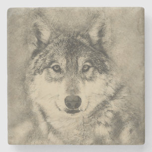 Dessous-de-verre En Pierre Dessin au crayon américain de loup de bois de