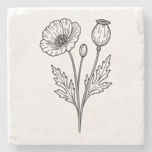 Dessous-de-verre En Pierre Dessin au trait botanique de la fleur de pavot