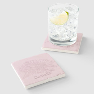 Dessous-de-verre En Pierre Dessin au trait de Chrysanthème rose avec votre no
