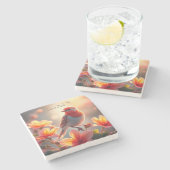 Dessous-de-verre En Pierre Dessous de verre en pierre fleur orange oiseau (Côté)