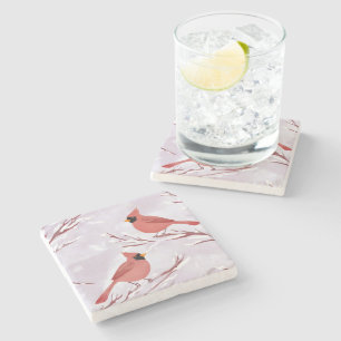 Dessous-de-verre En Pierre Deux cardinaux rouges   Peinture à l'aquarelle