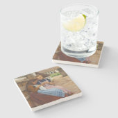 Dessous-de-verre En Pierre Deux Filles avec Needlework assis dans une ferme (Côté)