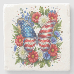 Dessous-de-verre En Pierre Drapeau Américain Rouge Blanc Bleu Papillon Floral
