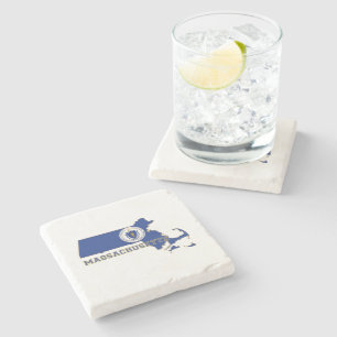 Dessous-de-verre En Pierre Drapeau et carte d'état du Massachusetts