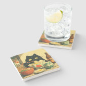 Dessous-de-verre En Pierre Drôle chat noir manger Ramen (Côté)