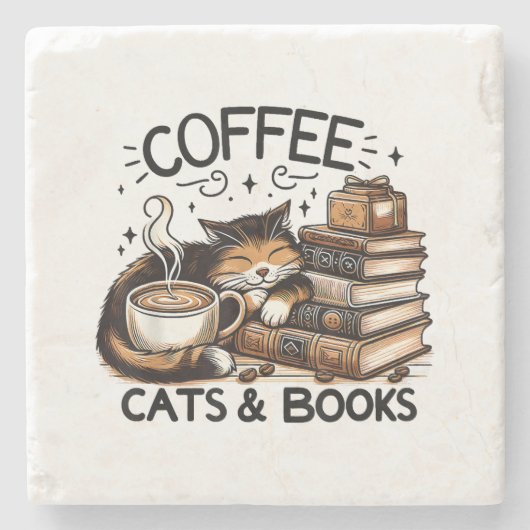 Dessous-de-verre En Pierre Drôle Cute Coffee Cats Livres Lover Idea Cadeau Fe (Devant)