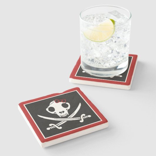Dessous-de-verre En Pierre Drôle Noir Blanc Jolly Kitty Pirate Os crâne (Côté)