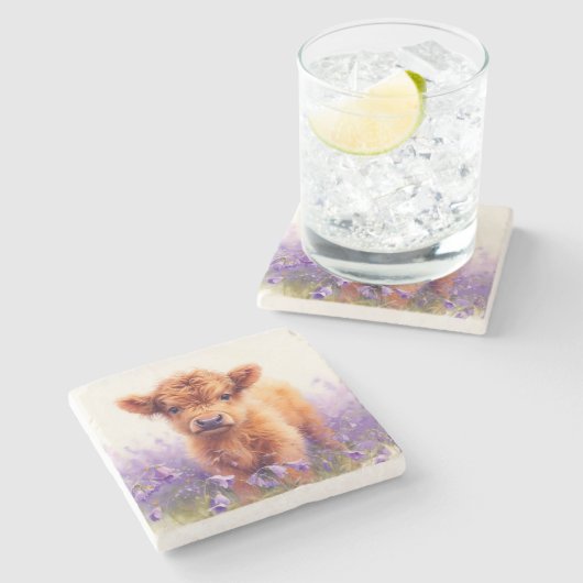 Dessous-de-verre En Pierre Écossais Highland Vache Calf Violet Fleurs sauvage (Côté)
