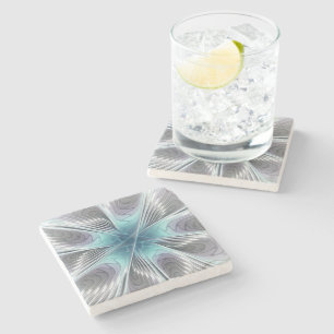 Dessous-de-verre En Pierre Élégance Moderne Art Fractal Fleur Bleu Gris Blanc