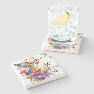 Dessous-de-verre En Pierre Élégant Aquarelle Monogramme de colibri avec nom