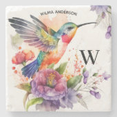 Dessous-de-verre En Pierre Élégant Aquarelle Monogramme de colibri avec nom (Devant)