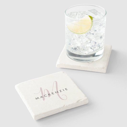 Dessous-de-verre En Pierre Élégant blanc blanc blanc clair rose Script Monogr (Côté)