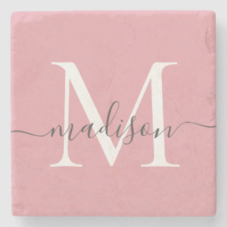 Dessous-de-verre En Pierre Élégant Blush rose Gris Monogramme Feminine Script