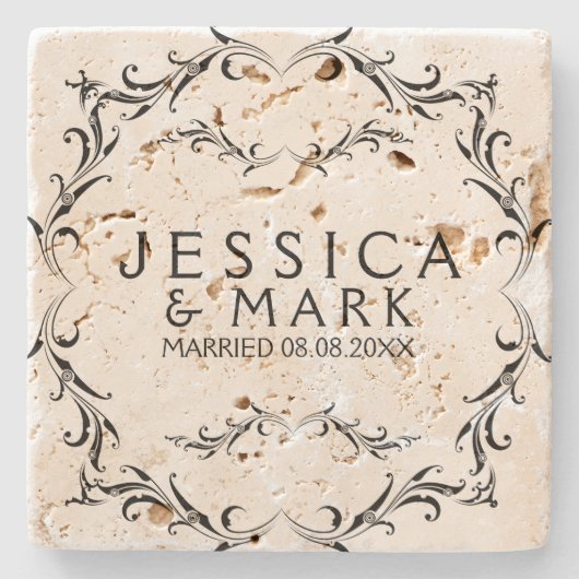 Dessous-de-verre En Pierre Elégant cadre floral noir (Devant)