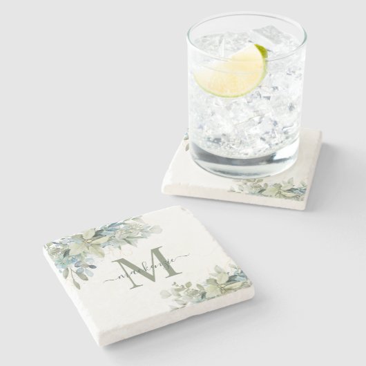 Dessous-de-verre En Pierre Élégant Eucalyptus Botanique Verdure Monogramme (Côté)