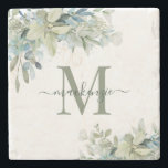 Dessous-de-verre En Pierre Élégant Eucalyptus Botanique Verdure Monogramme<br><div class="desc">Dessous de verre en marbre Eucalyptus Botanical Floral Monogram avec notre belle sauge vert eucalyptus et bleu poussiéreux vert et la typographie moderne. Facile à customiser avec vos informations pour un simple dessous de verre. Veuillez nous contacter à cedarandstring@gmail.com si vous avez besoin d'aide pour la conception ou les produits...</div>
