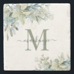 Dessous-de-verre En Pierre Élégant Eucalyptus Botanique Verdure Monogramme<br><div class="desc">Dessous de verre en marbre Eucalyptus Botanical Floral Monogram avec notre belle sauge vert eucalyptus et bleu poussiéreux vert et la typographie moderne. Facile à customiser avec vos informations pour un simple dessous de verre. Veuillez nous contacter à cedarandstring@gmail.com si vous avez besoin d'aide pour la conception ou les produits...</div>