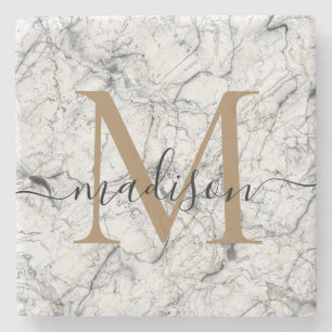 Dessous-de-verre En Pierre Élégant Marbre blanc Or Monogramme Feminine Script