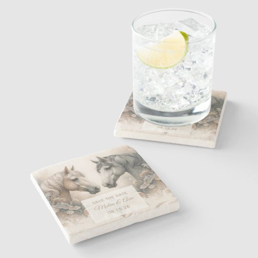 Dessous-de-verre En Pierre Élégant Mariage Cheval Enregistrer la date Dessous (Côté)