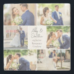 Dessous-de-verre En Pierre Élégant mariage marié marié couple photo Collage<br><div class="desc">Ce magnifique cadeau en dessous de verre de pierre de taille pour couple marié comporte un agencement élégant de 6 photos mariages sur un arrière - plan blanc avec les noms, l'emplacement et la date du couple marié. Un merveilleux cadeau photo commémoratif pour votre femme ou votre mari à trésor...</div>